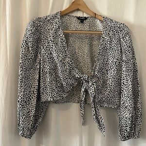 Express Black and White Leopard Tie-Front Blouse